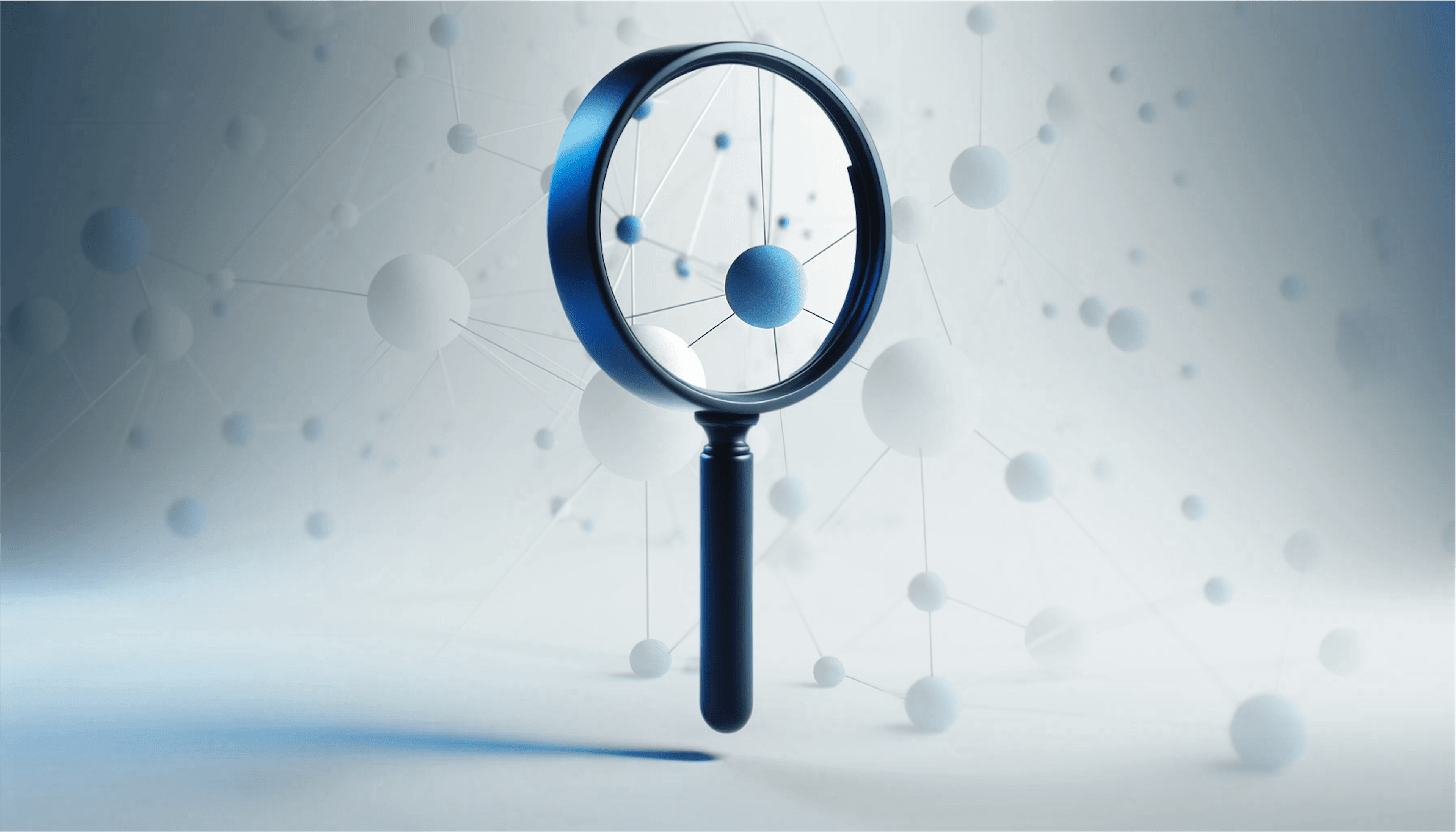 Magnifying glass focusing on a network of interconnected blue and white spheres, symbolizing exploration and analysis of connections.