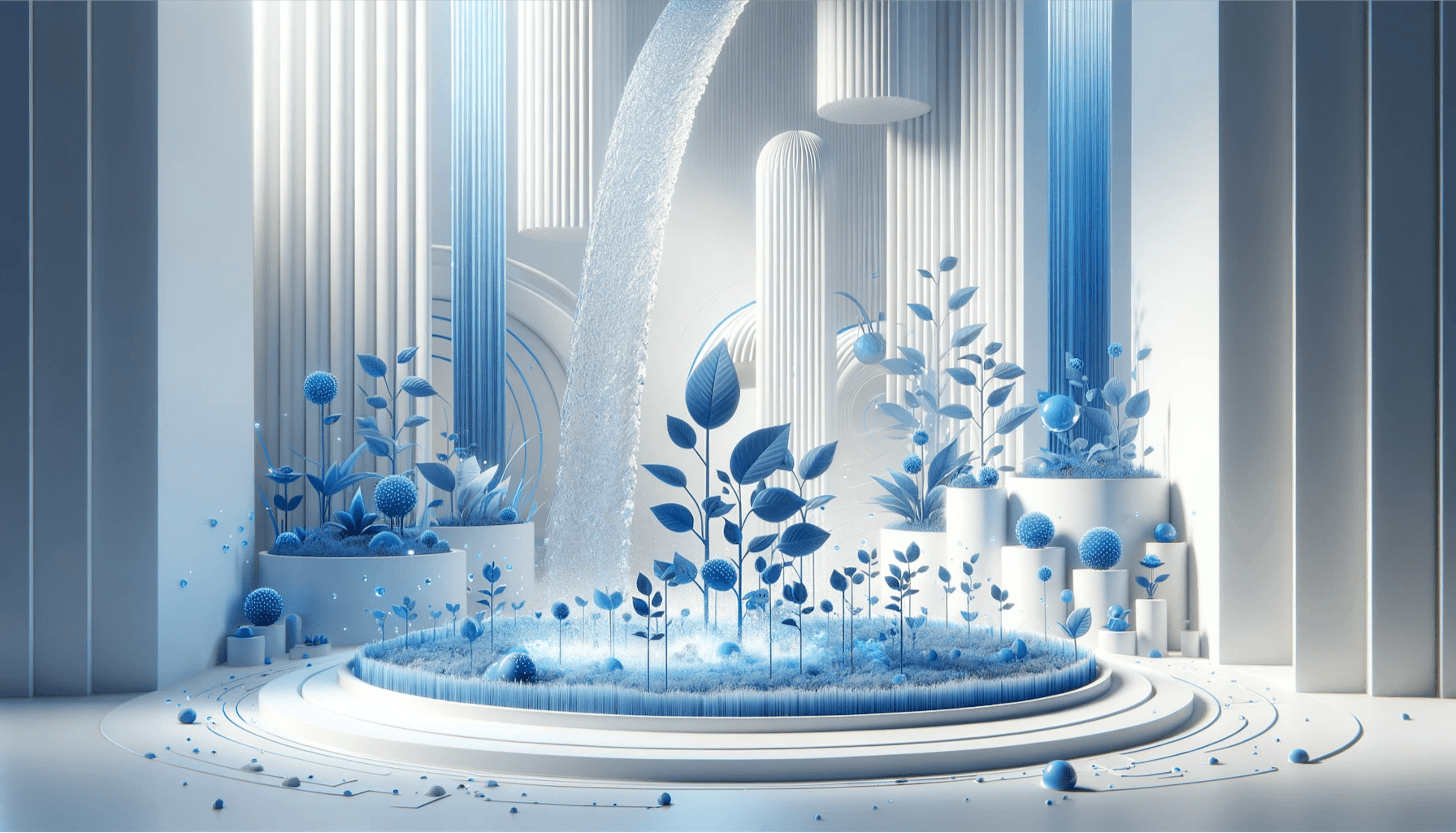 Futuristic garden with blue plants and a waterfall, set in a modern architectural space with columns and curved structures.
