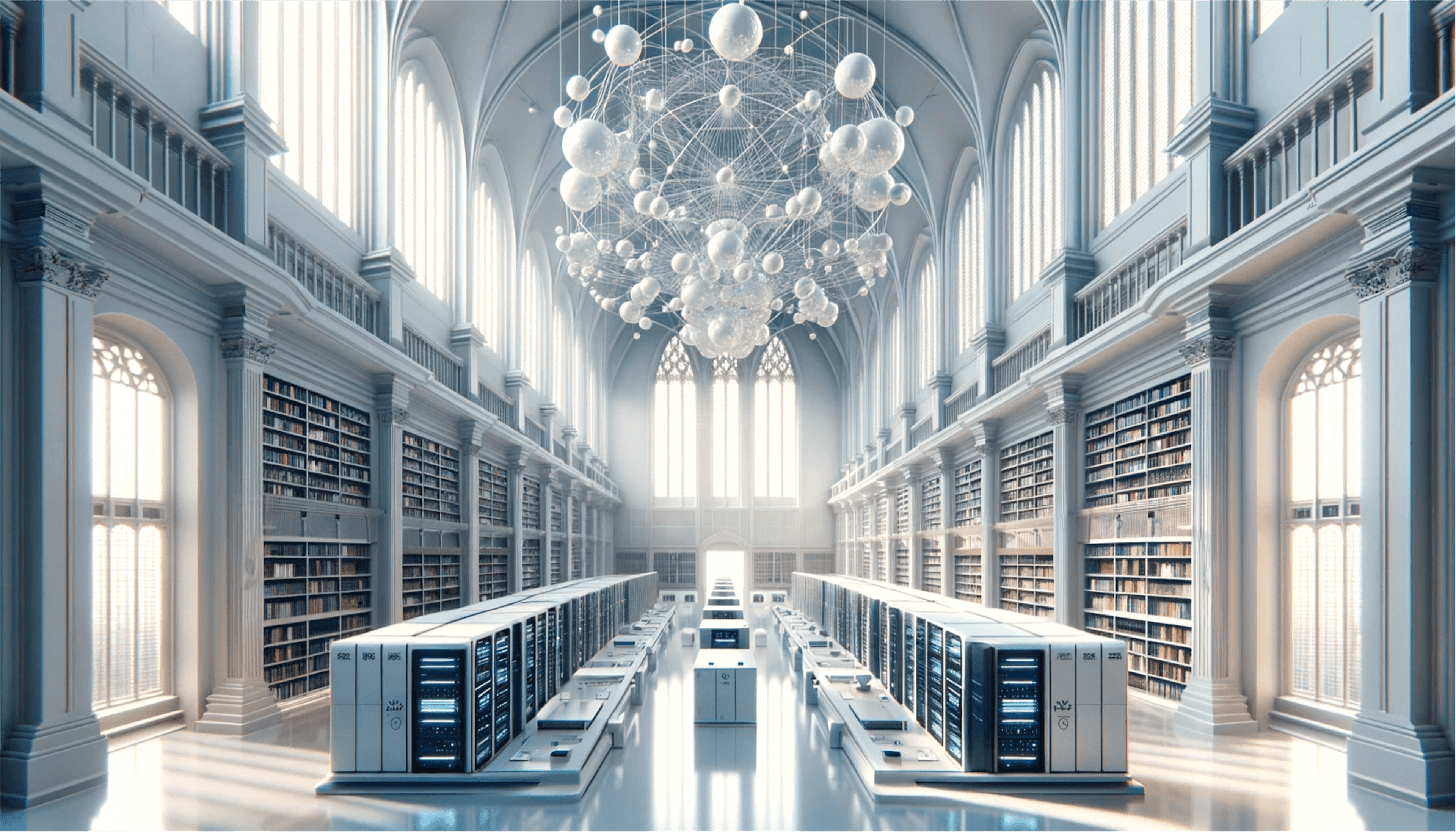 A grand library with modern server racks and a large network of spheres above, symbolizing data and technology.