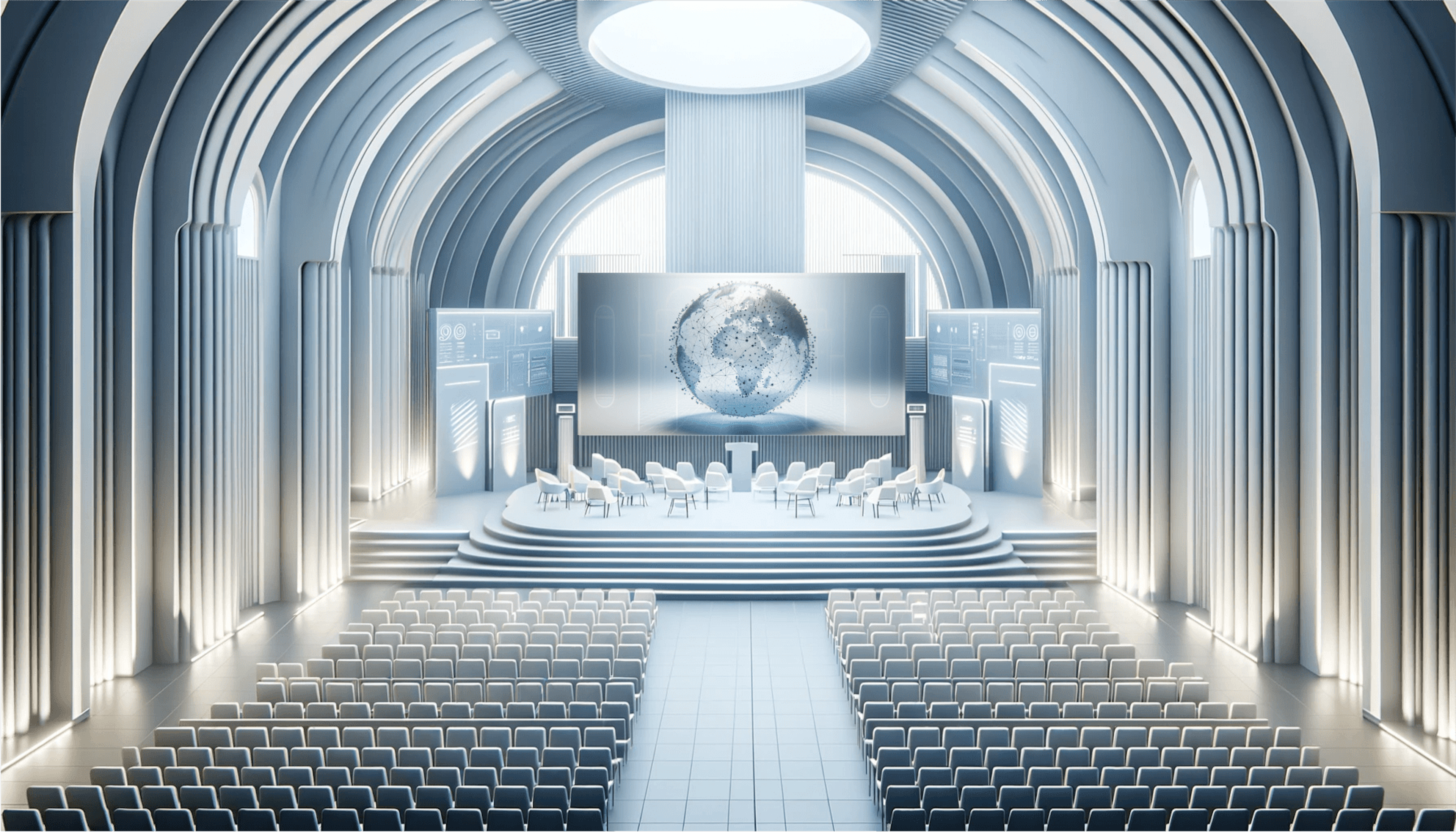 Auditorium with rows of seats facing a stage displaying a digital Earth image, surrounded by modern lighting and panels.