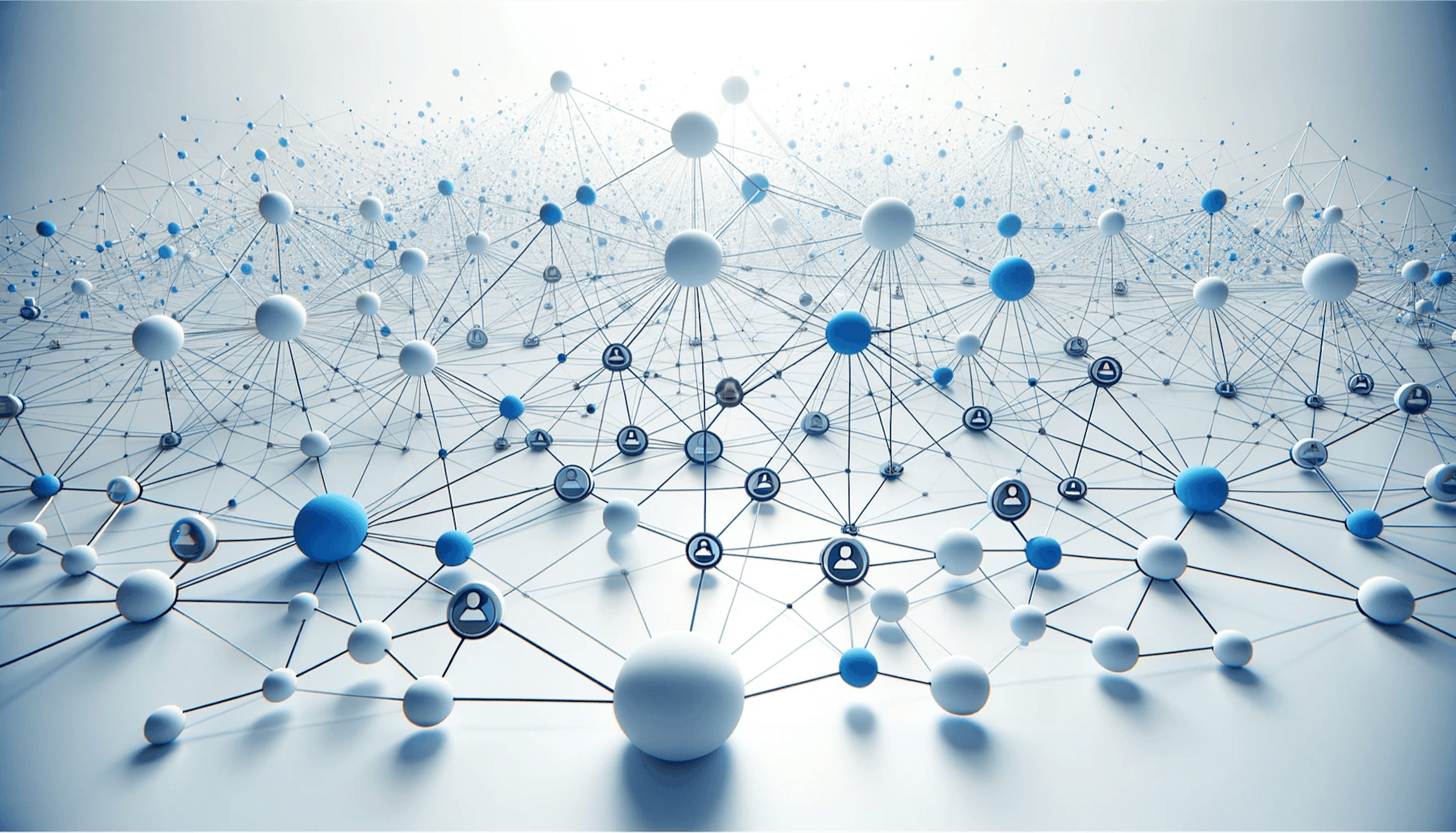 Interconnected network of blue and white spheres with icons of people, representing a social network or digital communication.