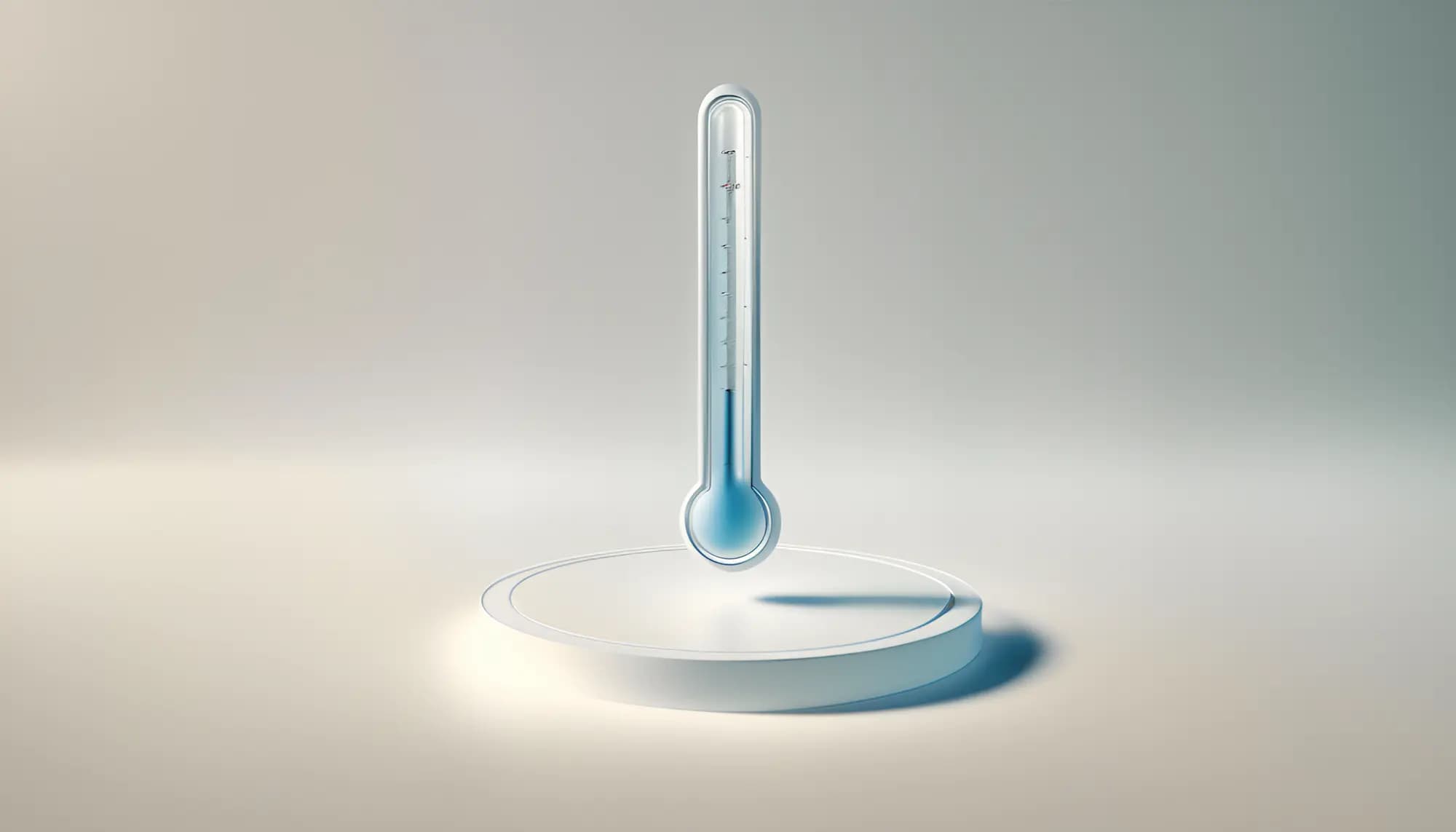 The image depicts a thermometer standing on a round platform, with a sleek, minimalistic design and a soft gradient background, suggesting a concept related to measuring or tracking progress.