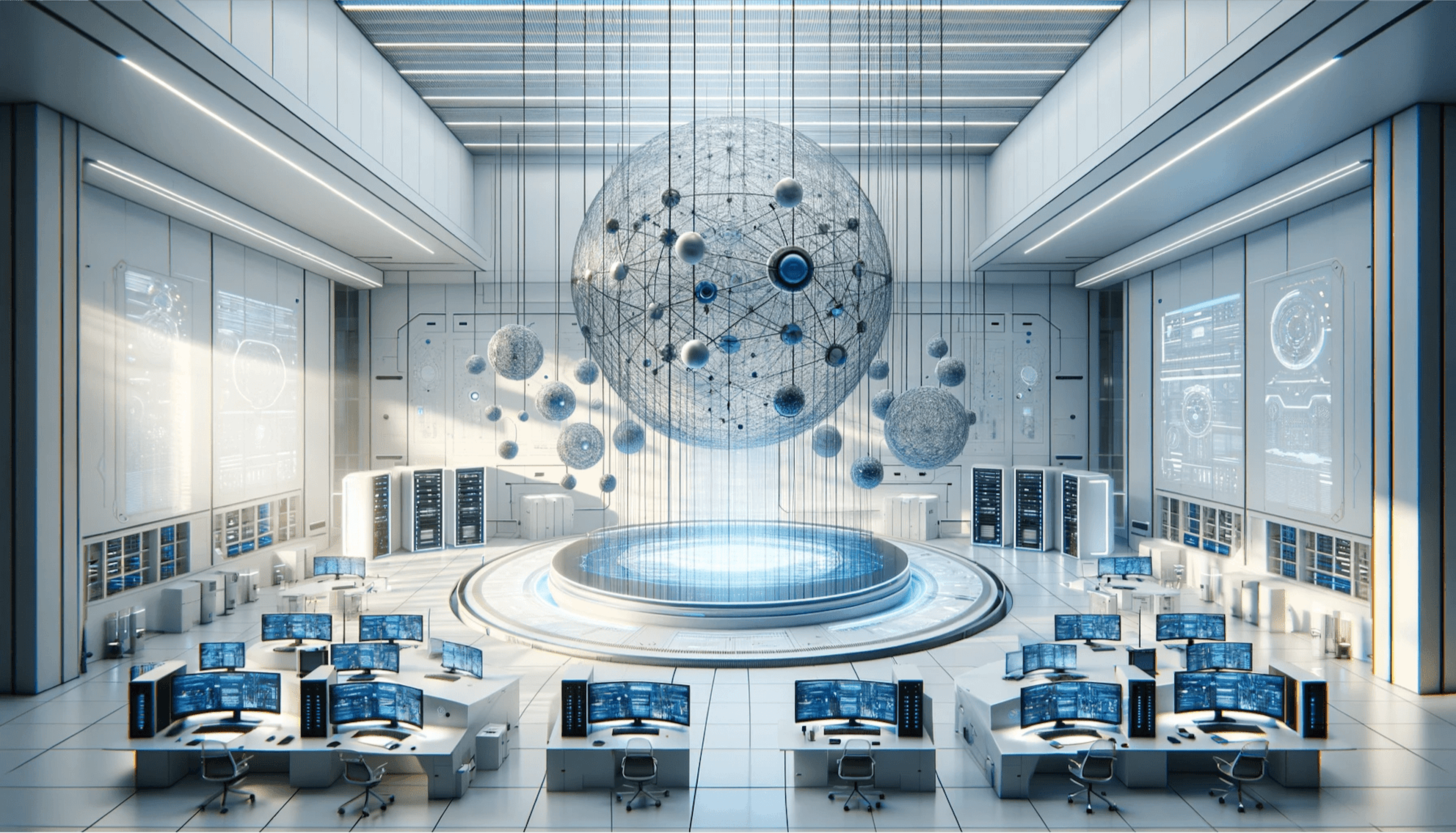 A high-tech R&D lab with workstations and a large spherical network structure above a central platform.