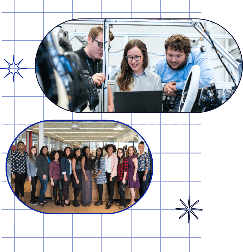 A picture collage showing people working on a laptop and a group of people standing together for a group photo. 