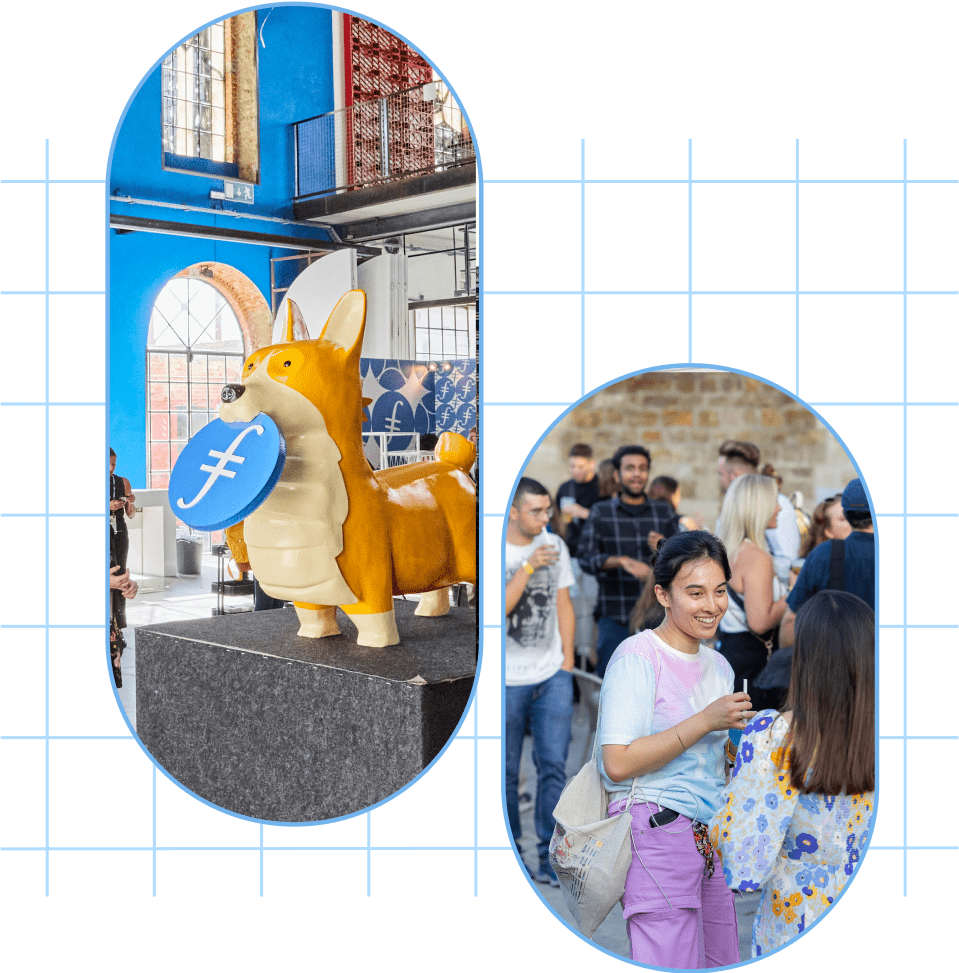 A corgi statue holding a filecoin and a group of people at a Filecoin Event